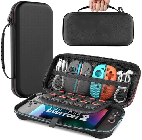 Housse pour Nintendo Switch 2 (2025), étui de Voyage Rigide Portable pour Switch 2, Sac de Protection Avec 20 Emplacements pour Cartes de Jeu et Poches pour Console et Accessoires, Noir