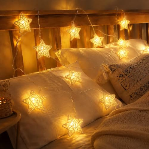 Rattan Sterne Lichterkette Deko Licht,Rattan Sterne Lichterkette Deko,Lichterkette Innen,Aussenlichterkette Batterie,Lichterketten Vorhang für Innen Hochzeit Geburtstag Neujahr Party Dekoration