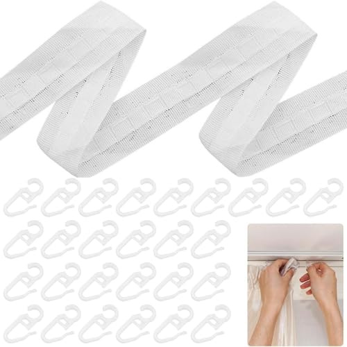 Luxvara 30m × 2.5cm Ruban Fronceur de Rideau avec 50 Crochets à Rideaux en Plastique, Ruban Plissé pour Rideaux avec Crochet de Rideau Blanc