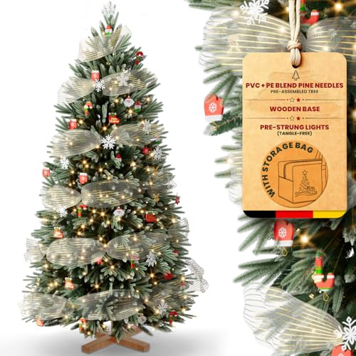 Huracan Albero di Natale artificiale 150 cm con illuminazione - Albero di Natale artificiale con neve e base in legno - Rami densi, alberi di Natale Christmas Trees inclusi set decorativo e sacchetto