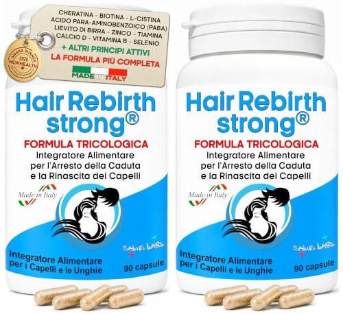 HAIR REBIRTH STRONG * 180 capsule * la Migliore Cura per i Capelli * Nuova Etichetta * Formula Tricologica: Cheratina Biotina Cistina Calcio D Vitamina B * Blocca la Caduta e fa Ricrescere i Capelli