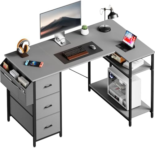 SOLAVERO Escritorio Esquinero, 120 x 78 cm Mesa Gaming, Escritorio en L con 3 Cajones, Mesa Ordenador con Bolsa de Almacenaje, Estante Ajustables, para Oficina en Casa, Estudio y Juegos, Gris