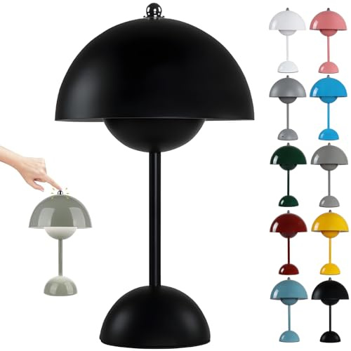 Rechargeable LED Mushroom Lamp - Wireless Touch Dimmable Table Lamp with 3 Brightness Modes Stylish Flowerpot Design Perfect Bedside & Desk Lighting Black Color