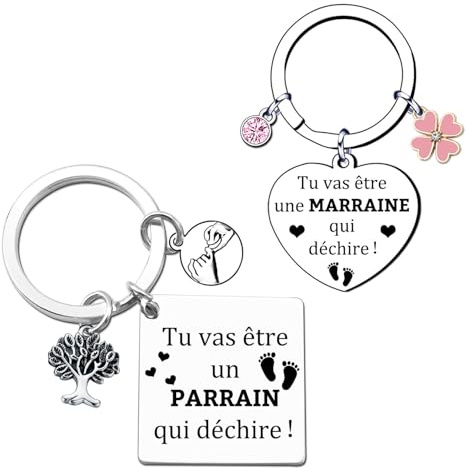 GUOYU Lot de 2 Porte-Clés Cadeau Parrain et Marraine Gravé Acier Inoxydable Cadeau Baptême Noël Fête des Pères Mères Anniversaire