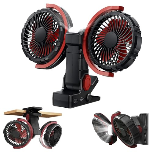 NIFBANG Clip Ventilator Akku mit Licht, USB C Aufladbar Leise Fan Doppelkopf Wandventilator,Stark Lüfter Wand für Büro, Bett, Schlafzimmer, Auto, Wohnmobil, Outdoor Camping Klemmventilator(Schwarz)
