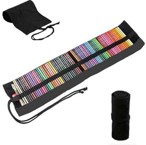 72 Löcher Verpackungshalter, Federmappe, Aufrollbares Federmäppchen aus Segeltuch mit schwarzen Löchern 72 für Buntstifte, Zeichnen, Pinsel, Geschenk für Studenten/Erwachsene (ohne Bleistifte)