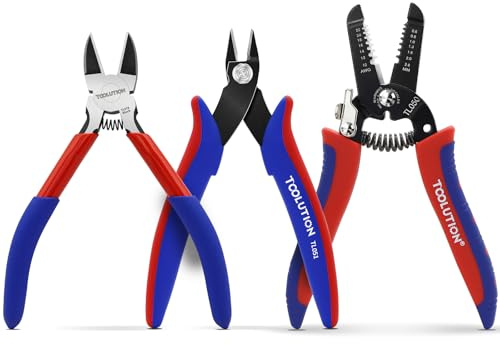 TOOLUTION Lot de 3 pinces d'électricien – Dénudeur, pince coupante latérale, coupe-fil précis. Pour électricité, impression 3D, maquettisme, réparations,Wire Stripper and Wire Cutter 3 Set