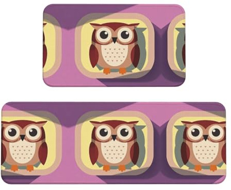 Cute Owl Print Kitchen Rugs Set of 2, Cushioned Anti-Fatigue Kitchen Mats for Floor, Waterproof Comfort Standing Mat Absorbent Velvet Kitchen Runner Rugs 17x30+17x47