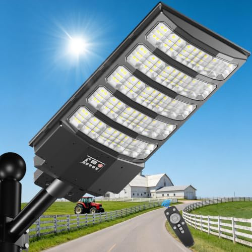 BlueYu Lampadaire Solaire Extérieur 8000W, Spot Solaire Extérieur 6500K avec Détecteur de Mouvement et Télécommande, Projecteur LED Solaire IP65 Étanche pour Rue, Jardin, Parking