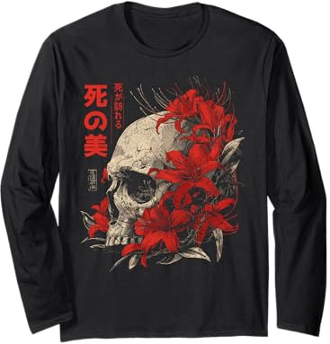 Rosso Ragno Giglio Fiore Cranio Scheletro Anime Giapponese Maglia a Manica