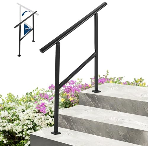 Garvee Handlauf, Treppengeländer für 3 Stufen, 75° verstellbares Geländer aus Karbonstahl mit horizontaler Stange, für Außen-, Beton- und Decktreppen, Schwarz