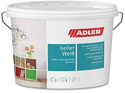 ADLER Aviva Isolier-Weiß CT 9 Liter, Nikotinfarbe und Renovierfarbe, hochwertige Wandfarbe weiss gegen Flecken mit hoher Deckkraft