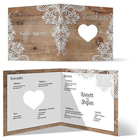 Lasergeschnittene Hochzeit Menükarten (50 Stück) - Rustikal mit weißer Spitze - Speisekarte
