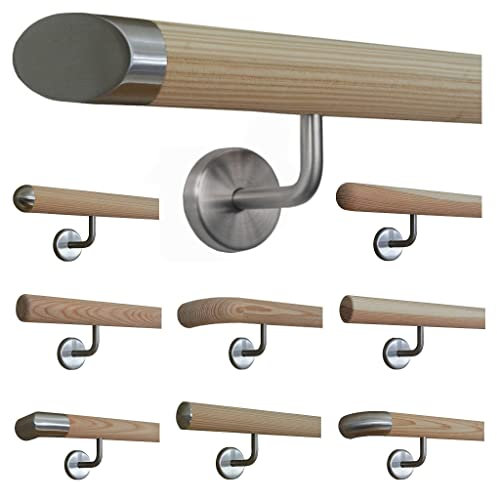 TIBU Holz Handlauf Lärche unbehandelt Geländer Wandhandlauf Wand Treppe 30-500cm mit gewinkelten Edelstahl Halter, Länge 410 cm mit 5 Halter und Ende schräges Edelstahlendstück