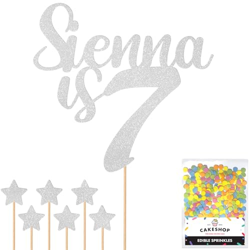 Personalised Happy Birthday Glitter Cake Topper - Light Silver Any Name & Any Age Glitter Cake Decoration and Sprinkles - Happy Birthday Decorations - Personalised Toppers for Cakes by Cakeshop