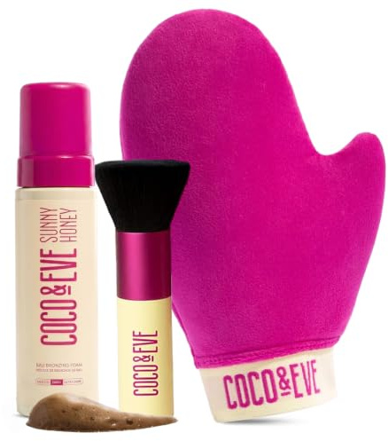 Coco & Eve Self Tanner Foam Bundle - (Dark) Streak-Free Sunless Tanning Mousse, Included Mitt Applicator & Kabuki Brush, Vegan, Cruelty Free | Sunny Honey Bali Bronzing