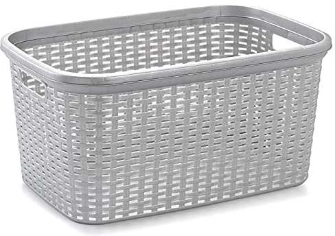 Tradineur - Cesta Rattan para la Colada Rectangular estilo Mimbre, Pongo todo de Plástico, para ropa, Capacidad de 35 Litros, Color a elegir, 53,5 x 36 x 26,5 cm (Color Plata)