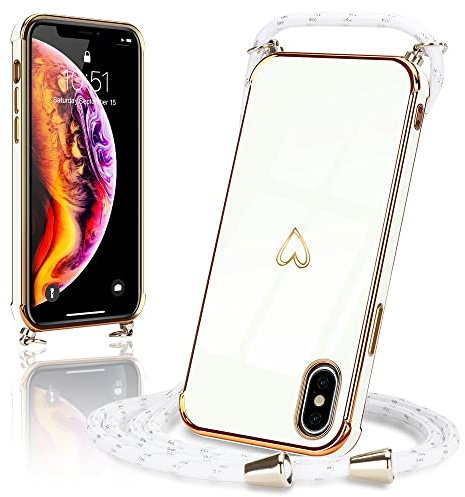 Micoden Handykette für iPhone X/Xs Hülle Necklace mit Band Herz Design | Kameraschutz Handyhülle Herz Design Galvanik Dünn Silikon Case Bumper Kordel zum Umhängen Stoßfeste Schutzhülle, Weiß