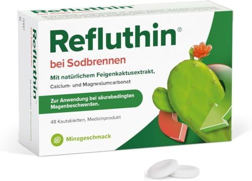 Refluthin bei Sodbrennen 48 Kautabletten mit Minzgeschmack, aluminiumfrei | Lindert Sodbrennen, Reflux & saures Aufstoßen, schützt die Speiseröhre mit Feigenkaktusextrakt, gut verträglich & zuverlässig