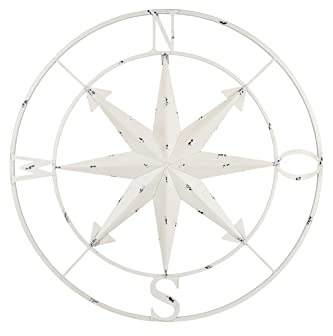 Windrose/Kompass aus Metall in Antik-Weiß – maritime Wanddekoration, Ø70 cm | Wandrelief im Shabby-Used-Look – Wandobjekt im Vintage-Stil – Küstendeko im Strandhaus- & Landhausstil – Seaside No.64