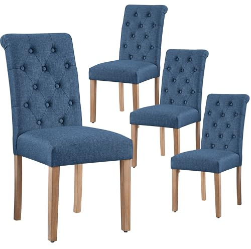 Yaheetech Esszimmerstühle 4X Küchenstühle Beine aus Massivholz, Blau | Polsterstuhl mit hoher Rückenlehne, Gepolsterte Sitzfläche aus Leinen, für Esszimmer/Wohnzimmer/Küche