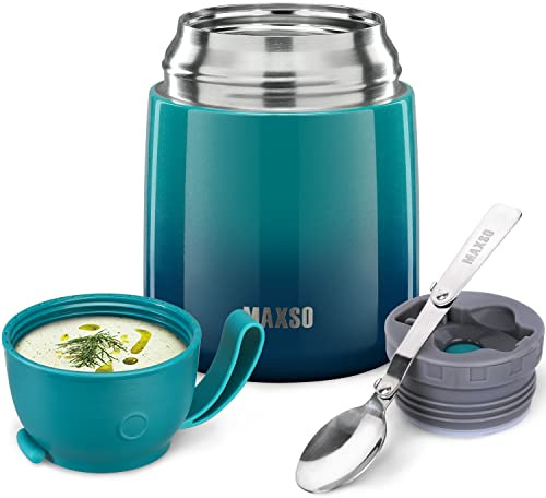 MAXSO Soup Thermo for Hot & Cold Food for Adults Kids, 17 oz Vacuum Insulated Steel Lunch Container Bento Box with Spoon, Leakproof Thermal Food Jar for School Office Travel - Blue Green