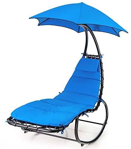 COSTWAY Hängeliege mit Sonnenschirm und Gestell, bis 150kg belastbar, Schwebeliege, Sonnenliege, Relaxliege mit Nackenkissen, Outdoor Schaukelliege für Balkon, Pool, Garten (Blau)