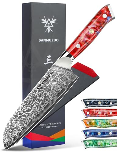 SANMUZUO Cuchillo Santoku Damasco Cuchillo de Chef 18CM - serie Xuan - Cuchillo de Cocina de Acero de Damasco con Mango de Resina (Rojo puesta del sol)