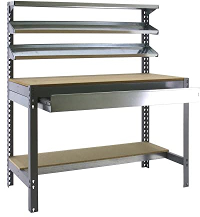 PROREGAL Werkbank Buffalo mit Frontablage und Schubfach | HxBxT 84x90x61cm | Traglast 400kg | Grau Werktisch Arbeitstisch Arbeitsbank Werkstattbank