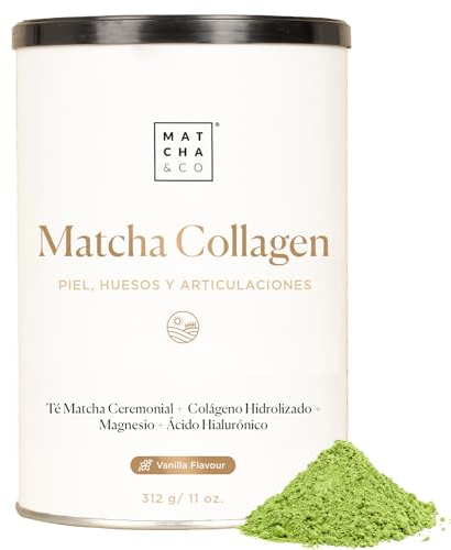 Collagène avec magnésium, thé Matcha et acide hyaluronique. Articulations, peau et ongles. 300 g de poudre de collagène matcha. Sans gluten, sans sucres ajoutés et sans OGM. Gardez votre corps sain