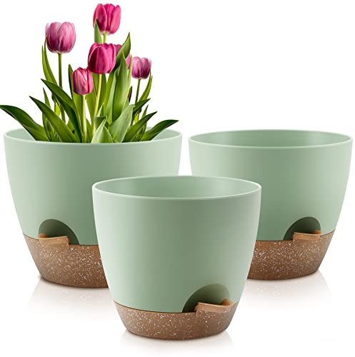 QRRICA Set di 3 vasi per piante autoirriganti da 25/22/20 cm, in plastica, con fori di drenaggio e piattini, vasi da fiori in plastica, per piante da interno ed esterno (verde)
