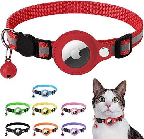 LZXLXS Airtag Katzenhalsband, Airtag Katze Halsband kompatibel mit Apple Airtag, Reflektierendes Kätzchenhalsband mit Halterung und Glocke für Mädchen Junge Katzen, Rot