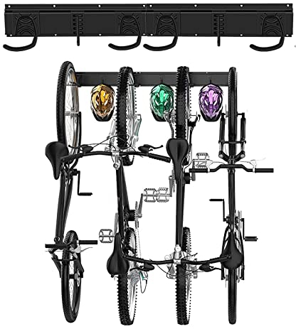 Poweka Bike Storage Rack, 32Inch Heavy Duty 4 Bicycles Bike Wall Mount Garage Organizer & 3 Helmet Hooks, Overall Hold Up to 400 LBS, Adjustable Indoor Bicycle Storage Mounted