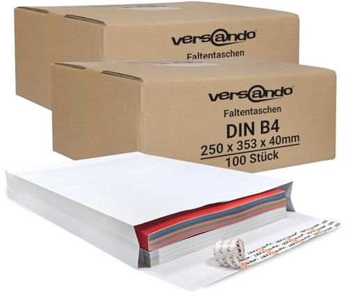 versando 200x B4 Faltentaschen 4cm Falte ohne Fenster (250x353x40 mm) | Versandtaschen Bodenfalte haftklebend weiß