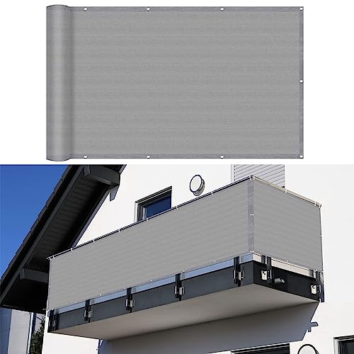 Balkon Sichtschutz Balkonabdeckung 95 x 350 cm Windschutz Staubschutz Balkonumspannung Blickdichte Stoff mit Ösen und Kabelbinder für Balkon Garten im Freien, Grau