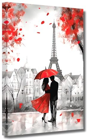 LZIMU Paris Bild auf Leinwand schwarzes und rotes Paar mit Regenschirm Bild Eiffelturm Ölgemälde Drucke romantische moderne Kunstwerke Wanddekoration Gerahmt (28x35cm)
