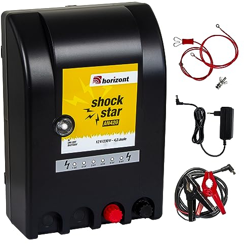 horizont Weidezaungerät 12V 230V shockstar AN420 4,2J, 11800 Volt, für bis zu 25km Zaunlänge oder 12x 50m Netze, ideal für Pferd, Rind, Schwein, Schaf, mit Stromsparschaltung und LED-Anzeige