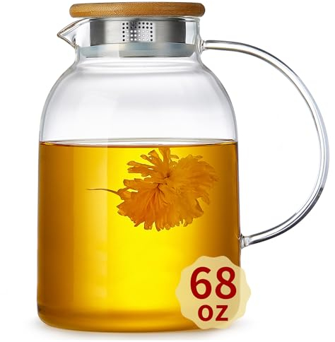 Large Glass Teapot with Infuser, Stovetop Safe, Thickened Heat Resistant Borosilicate Glass, 68 fl oz Glass Tea Kettle with Bamboo Lid