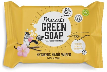 Marcel's Green Soap Hygienische Handtücher Vanille & Kirschblüte - Feuchttücher - Mikroplastikfreie Formel - Vegan - 15 Tücher (12er Pack)