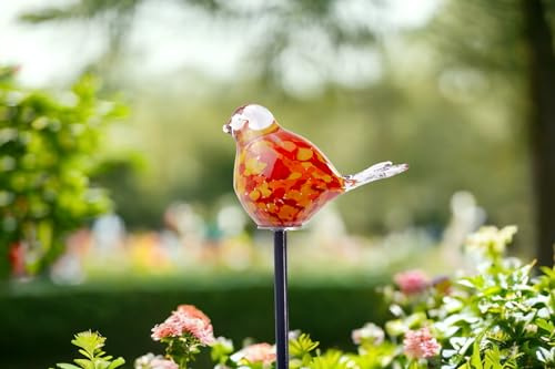 Gartenstecker mit Vogel - Handgefertigtes Glas - Orange - Vogel auf Stock - Gartendekorationen - Gartendeko für den Außenbereich - Gartendekor - Tiere für den Außenbereich