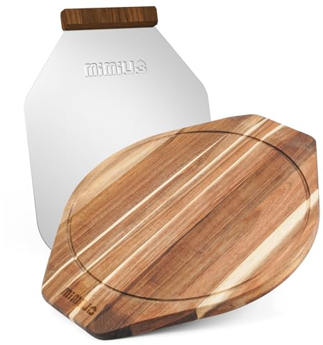Mimiuo Set de Planche à Decouper et Pelle à Pizza, Pelle Pizza Aluminium, Plat à Pizza en Bois d'Acacia avec poignée, pour Pizza à Utiliser comme Plat à Tarte, Plateau Fromage, Planche à Pain
