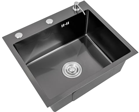 Acero Inoxidable Negro Fregadero de Cocina 50x45 cm Encastrado con 1 Cubeta y Juego de Desagüe y Dosificador de Jabón para Cocinas y Oficinas