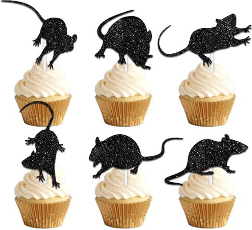 18pcs Black Silhouette Glitter Mouse Dessert Cupcake Topper Scientific Experiment Theme Decorations Men Women Boys Girls Scientist Happy Birthday Party Decor Supplies