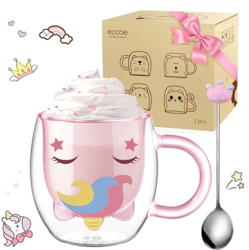 ecooe Simpatica tazza in vetro a doppia parete, 280 ml, tazza da caffè, cappuccino, latte, tè, latte, compleanno, Natale, San Valentino, per donne, moglie, mamma, bambini, amici, insegnanti, amanti