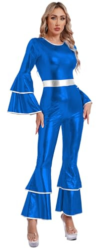 Fldy Damen 60er 70er Jahre Disco Kleidung Hippie Outfit Glitzer Overall Metallic Hose Mit Schlag Party Halloween Faschingskostüme Königsblau L