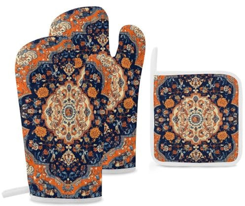 Ofenhandschuhe und Topflappen, 3 Stück, Küchenhandschuh, traditionelles Vintage-Muster, Ofenhandschuh, rutschfeste Ofenhandschuhe zum Kochen, hitzebeständige heiße Pads für Mikrowelle, Grillen