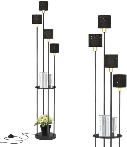 YU YUSING Stehlampe Wohnzimmer, 4-Flammige Stehleuchte mit Regal, Modern | Standleuchte mit E14 Fassung, Lampenschirm Fußschalter, Innenbeleuchtung für Whonzimmer Schlafzimmer Büro, 1.6m Schwarz