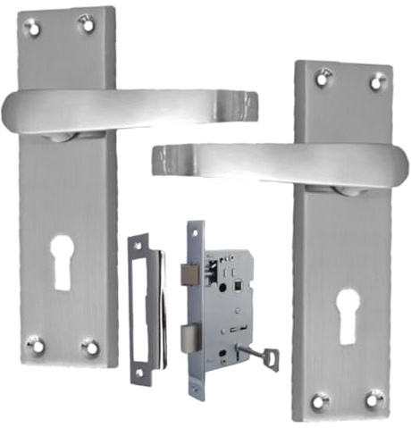 Epsom Door Handle Victorian Straight Lock Handles - Satin Nickel Door Handles Back Plate 118 x 42mm Multipack (Pair + 3 Lever Mortice Sash Lock)