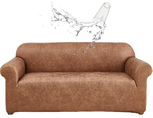 CLGTY Wasserdicht Sofa überzug 3 Sitzer, PU Leder Sofabezug 1 Stück Couch überzug Mit Elastischem Boden Waschbar Sofahusse Für Katze Hund-Khaki-3 Sitzer