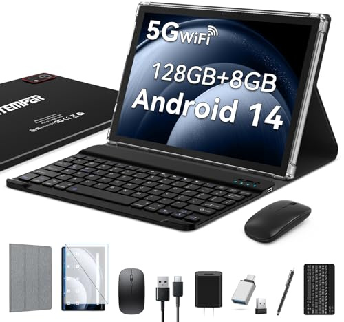 Android 14 Tablet 10 Zoll, 2025 Newest Tablet PC mit 5G WiFi | 8GB RAM+128GB ROM (TF1 TB) | Octa-Core | 1280*800 | GMS丨7000mAh丨13MP+8MP丨BT 5.0 | Face ID丨Tablets mit Tastatur Maus Stift Hülle, Schwarz